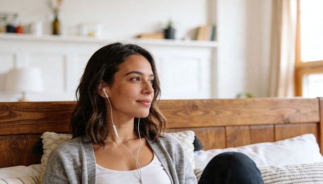 Listening woman with wired earphones on cozy bed by wooden headboard morning calm lifestyle