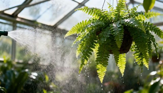 Backlit hanging fern catching mist and water droplets in sunlit glass greenhouse