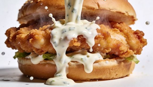 Pouring herb sauce over crispy chicken sandwich drizzling creamy tartar on bun