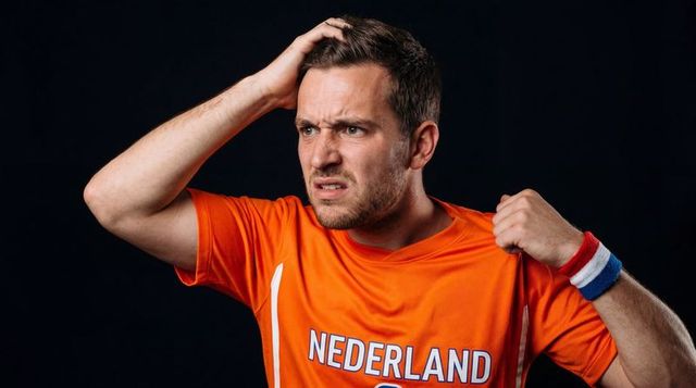 Dutch fan clutching head and pulling netherlands jersey in tense frustration