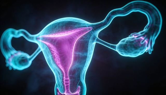 Floating neon 3d uterus model illuminating reproductive anatomy and fertility concept