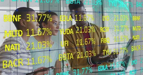 Team Analyzing Financial Data on Digital Glass Wall in Modern Workplace