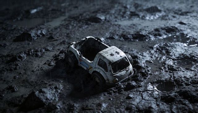 Muddy toy pickup sinking into rain-soaked clay at dusk, worn decals and moody puddles