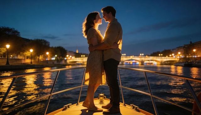 Romantic couple embracing on boat bow at dusk backlit by deck light river bridge cityscape