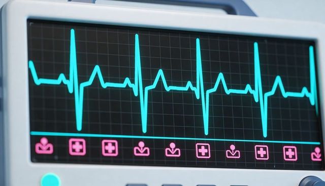 Hospital ecg monitor displaying heartbeat waveform and patient status icons on black grid