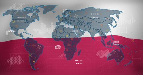 displays a world map layered over a background of the waving poland flag. abstract technology icons are integrated, emphasizing global connectivity and innovation. useful for technology presentations, international networking materials, and digital communication concepts.
