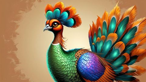 Vibrant stylized peacock animal with colorful feathers in brushstroke background