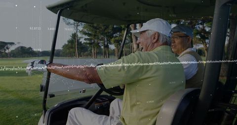 Seniors on Golf Course Enjoying Day in Golf Cart