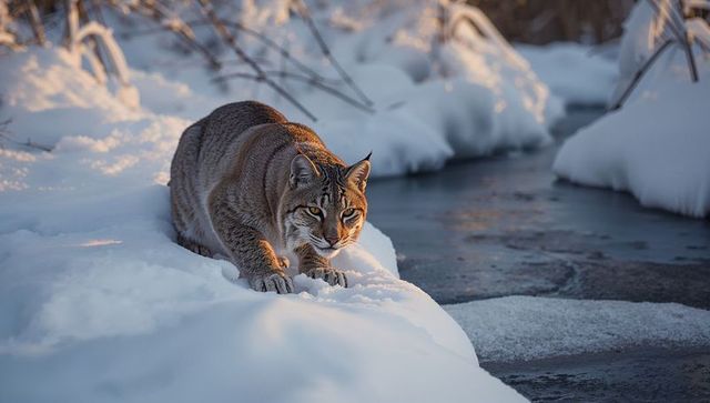 Bobcat stalking snowy creekbank at golden hour, close-up winter lynx portrait in nature