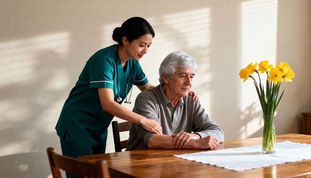 Caregiver supporting elderly man at sunlit dining table with daffodils and stethoscope