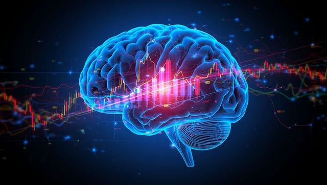 Futuristic ai neural brain with data charts background