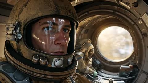 Helmeted Astronaut Gazing Through Porthole While Crew Working in Orbital Capsule