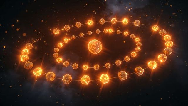 Spiraling Amber Crystal Orbits Encircling Polyhedron Gem Rings in Cosmic Nebula