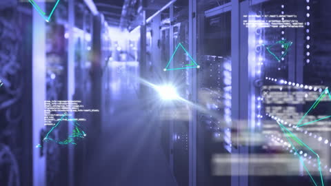 Futuristic Data Processing in Server Room with Digital Overlay