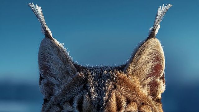 Frosted lynx ear tufts closeup in winter light on blue arctic gradient backdrop, wild feline