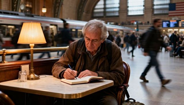 Senior man writing notebook at busy train concourse cafe, traveling reflection and solitude