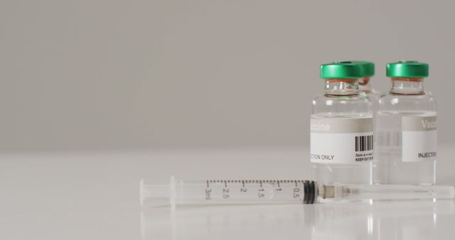 Close-up of a syringe lying next to two vaccine vials on a clean, white surface. Useful for healthcare, medical research, immunization campaigns, and vaccination programs visuals.