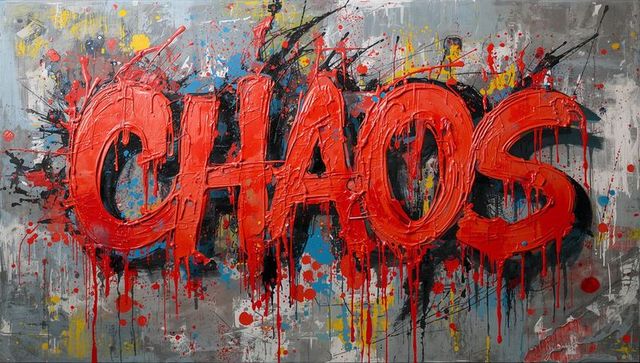 Bold red chaos graffiti featuring dripping impasto texture on urban abstract mural