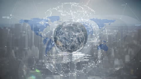 Global Digital Interface Over City Skyline Animation