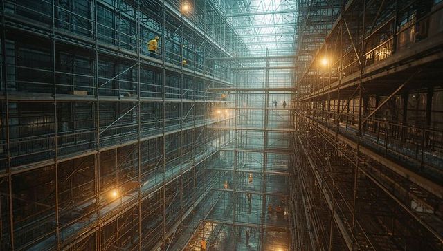 Construction Workers Climbing Scaffolding Inside Massive Hall
