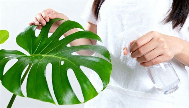 Woman spraying monstera leaf with spray bottle caring for indoor tropical plant