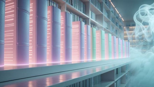 Futuristic Neon Books in Minimalist Library with Mist