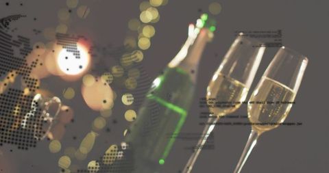 Toasting champagne flutes beside green bottle amid bokeh lights with digital map overlay