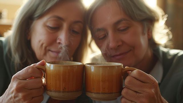 Senior women holding steaming mugs, cozy morning companionship and soft backlight