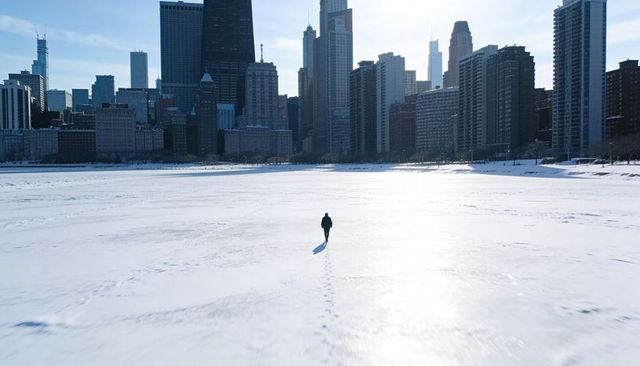 Solitary figure walking across frozen lake toward city skyline in winter light