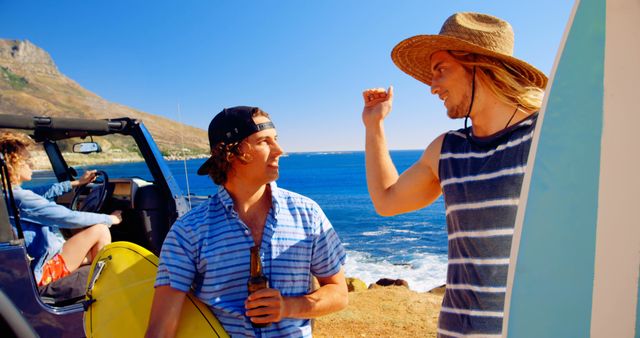 Friends Enjoying Beach Day with Surfboards and Jeep Near Seaside - Download Free Stock Images Pikwizard.com