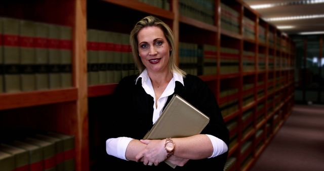 A Caucasian middle-aged female lawyer stands confidently in a library with legal books, holding a folder, with copy space. Her professional attire and the legal volumes in the background suggest a setting of expertise and authority in the field of law.