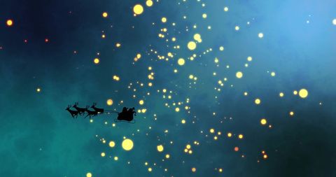 Santa Claus Sleigh with Reindeer on Sparkling Blue Background