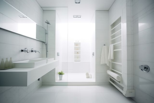 This image showcases a modern, minimalist white bathroom with stylish fixtures. It features a spacious shower area, dual sinks with a large mirror, neat towel storage, and neatly arranged accessories. Ideal for home improvement articles, bathroom decor planning, interior design inspiration, or advertisements for home construction and improvement products.