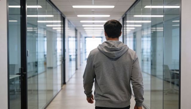 Walking man in gray hoodie through modern glass office corridor, back view, corporate