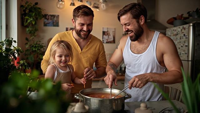 Two dads cooking with daughter, stirring soup and laughing in cozy home kitchen