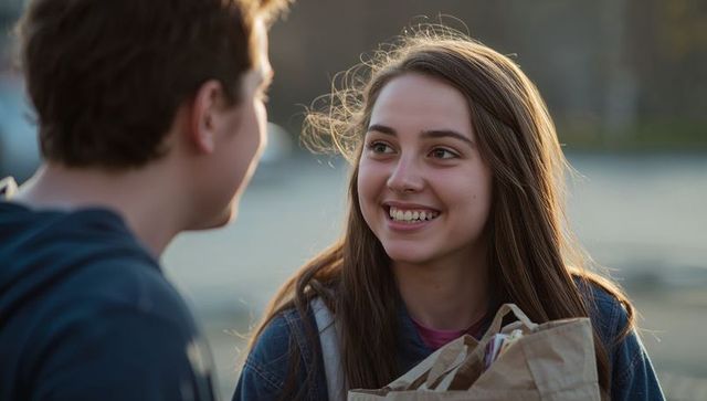 Smiling teenage girl holding paper bag and backpack while chatting with friend at golden hour