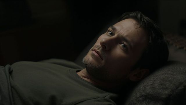 Moody low-key portrait of contemplative man reclining on sofa with side lighting