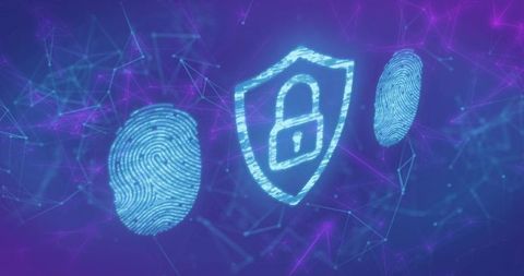 Biometric fingerprint shield protecting digital network with neon holographic mesh