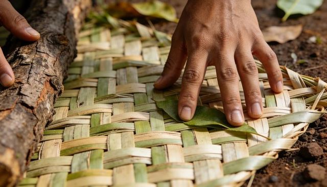 Hands smoothing woven palm mat on soil with bark log and green leaf, artisan weaving