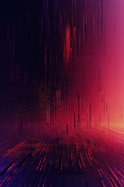 Glowing pink interference lines and pixels on black, created using generative ai technology. Visual distortion and data technology abstract background concept digitally generated image.