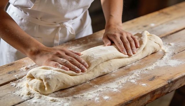Baker shaping rustic rolled bread dough on floured wooden table for artisanal baking