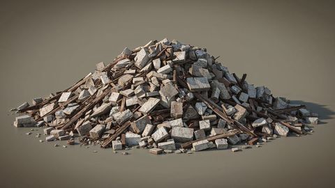 Construction rubble and debris pile on concrete surface