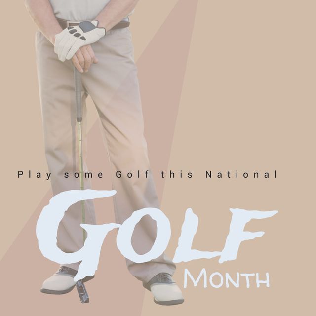 Perfect for promoting National Golf Month, featuring a golfer holding a club. Ideal for marketing materials, promotional posters, event advertisements, sports program booklets, and fitness websites stressing the benefits of playing golf and participating in related activities.