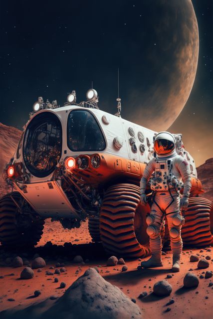 Astronaut exploring planet mars with space vehicle, created using generative ai technology. Space, planets and astronaut concept, digitally generated image.