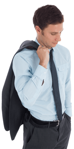 Confident Businessman Holding Jacket, Looking Down, Transparent Background
