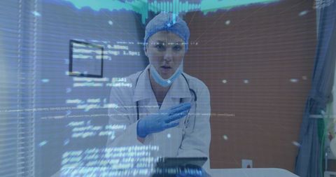 Female Doctor Interacting with Holographic Medical Data on Tablet in Futuristic Clinic Care