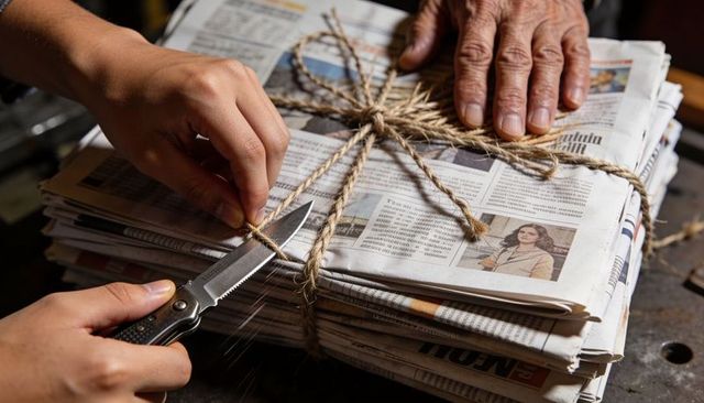 Cutting twine with pocketknife and steadying newspaper bundle on workshop bench