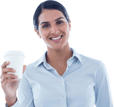 Transparent Smiling Businesswoman Holding Coffee Cup in Office