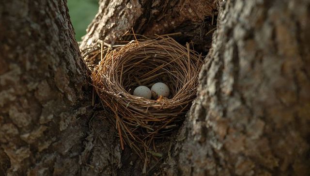 Closeup bird nest holding speckled eggs in tree fork with pine needles and rough textured bark
