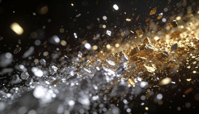 Gold and silver metallic flakes sweeping across dark background with glitter bokeh motion